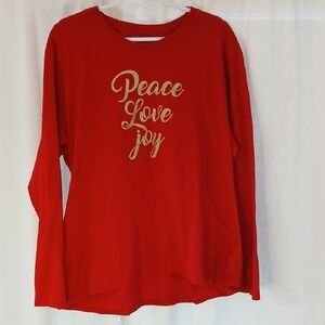 Artisans Red Long Sleeve Tee with Gold 'Peace Love Joy' Graphic